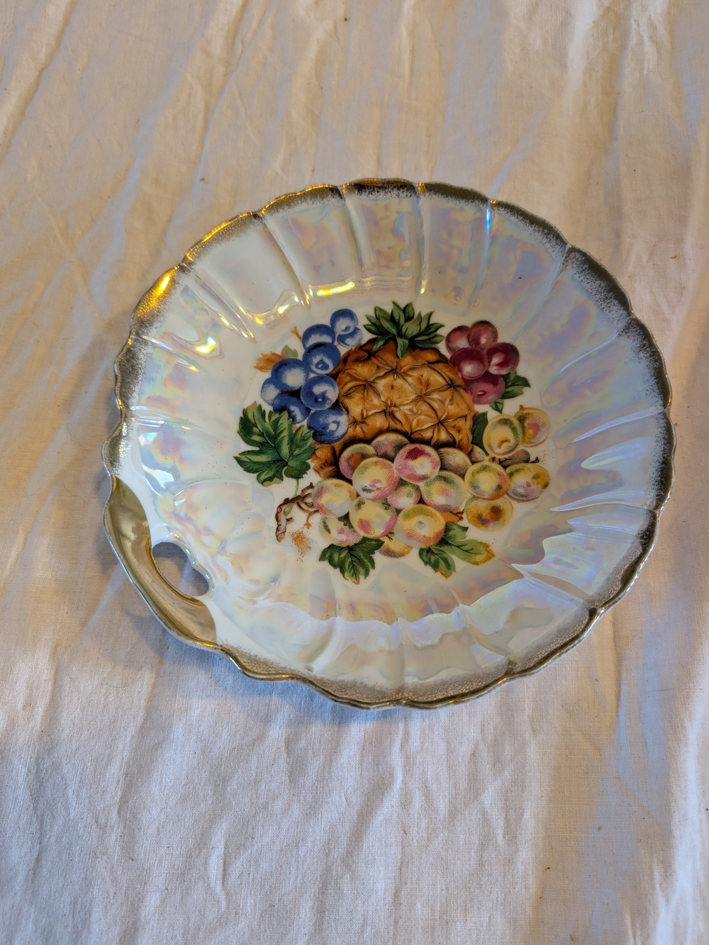 RESERVE Vintage Iridescent Fruit Motif Serving Bowl with Gold Trim